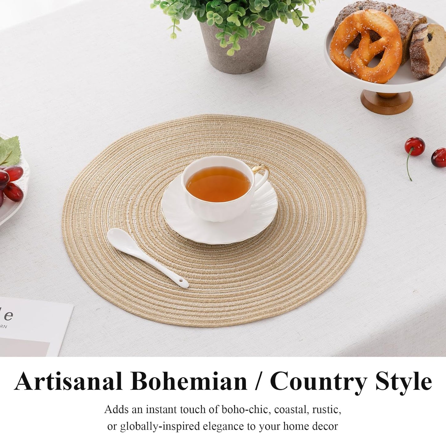 SHACOS Round Braided Placemats Set of 8 Cotton Fabric Round Table Mats Non Slip Washable 15 inch Round Place Mats Home