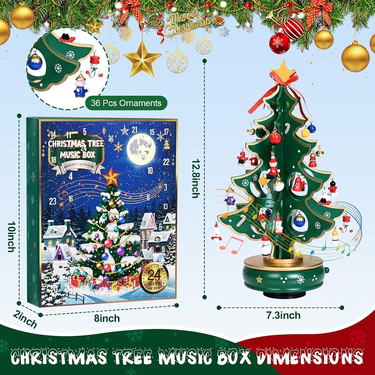 Uspring Christmas 24 Days Countdown Advent Calendar 2025, Musical Wooden Christmas Tree with Classic Music Box and 36