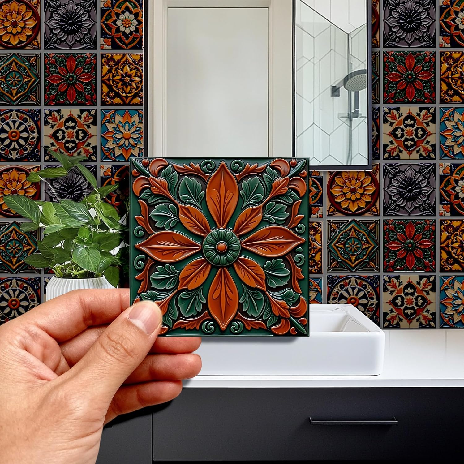 9 Styles Simple Patten Tile Sticker Colorful Floral Patten Wall Tile / Embossed Floral / Set of 36