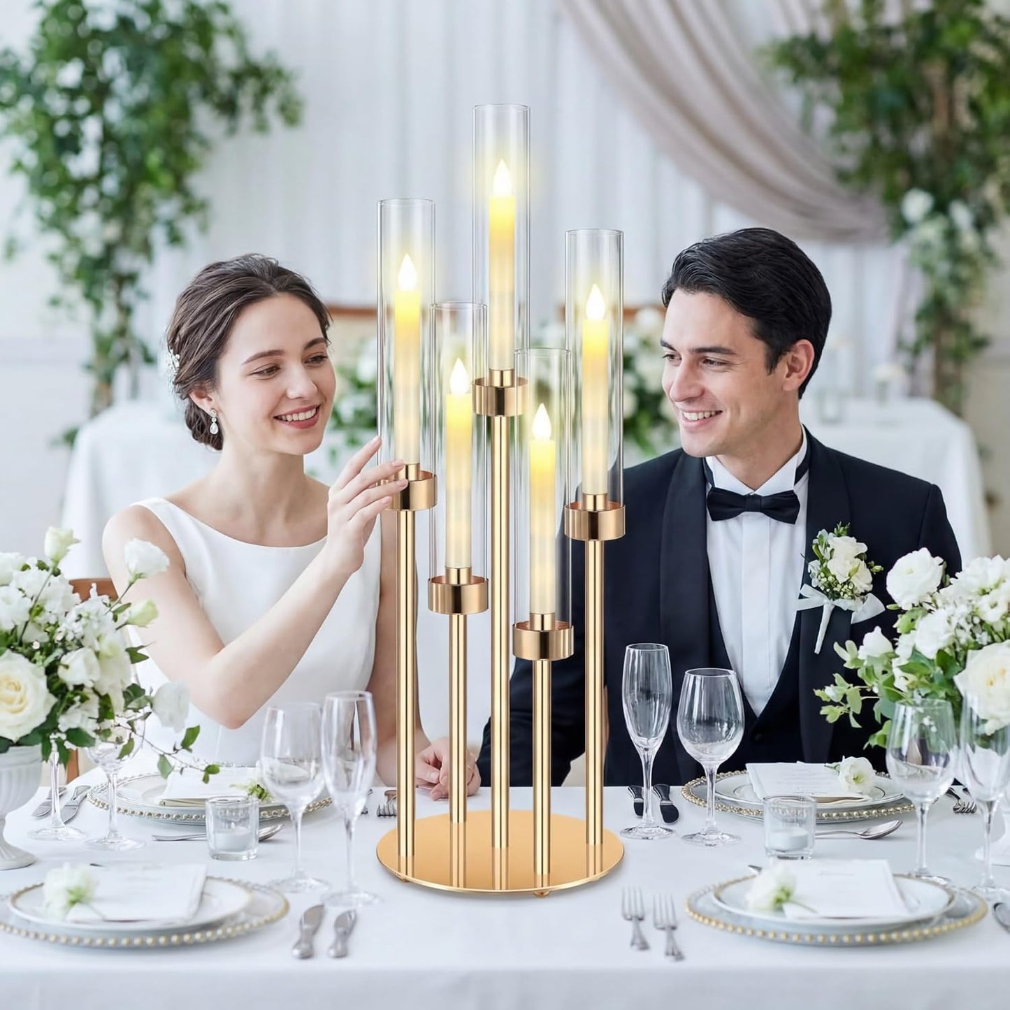 Tandefio 2 Set Gold Candelabra Centerpieces, 26.8" 5 Arm with LED Candles | Candelabra Centerpieces for Wedding Table