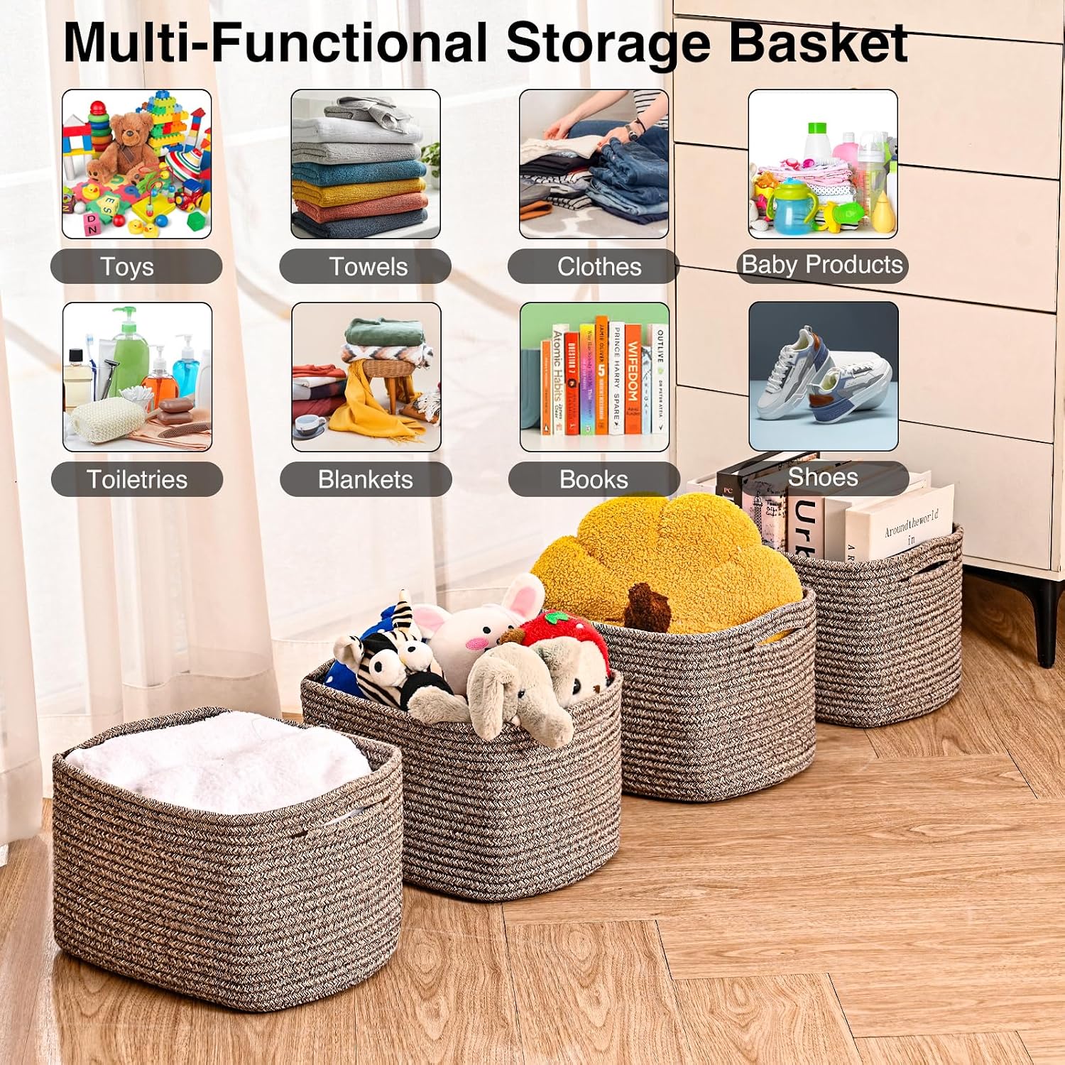 Woven Cotton Rope Baskets for Storage / Dark Brown