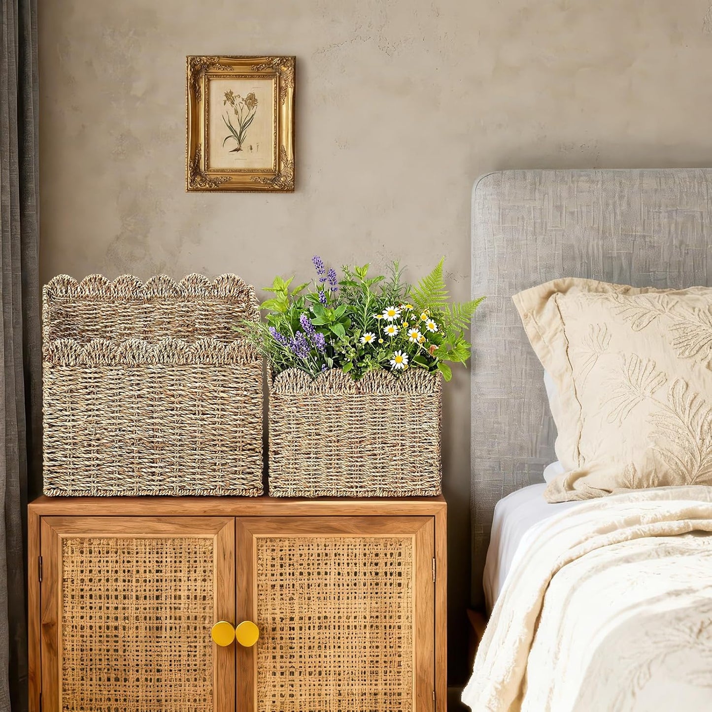 Scalloped Seagrass Basket for Organizing Woven Wall Baskets for Front Door Mail Flowers / Set of 2