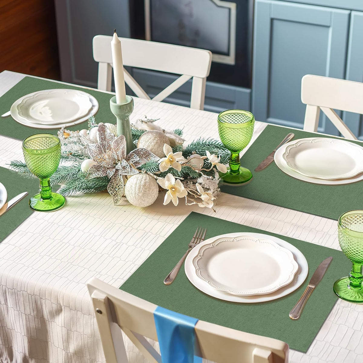 MANSPHIL Sage Green Placemats Set of 6 13x19 Cotton Faux Linen Place Mats | Washable Green Cloth Table Mat, Oeko Tex