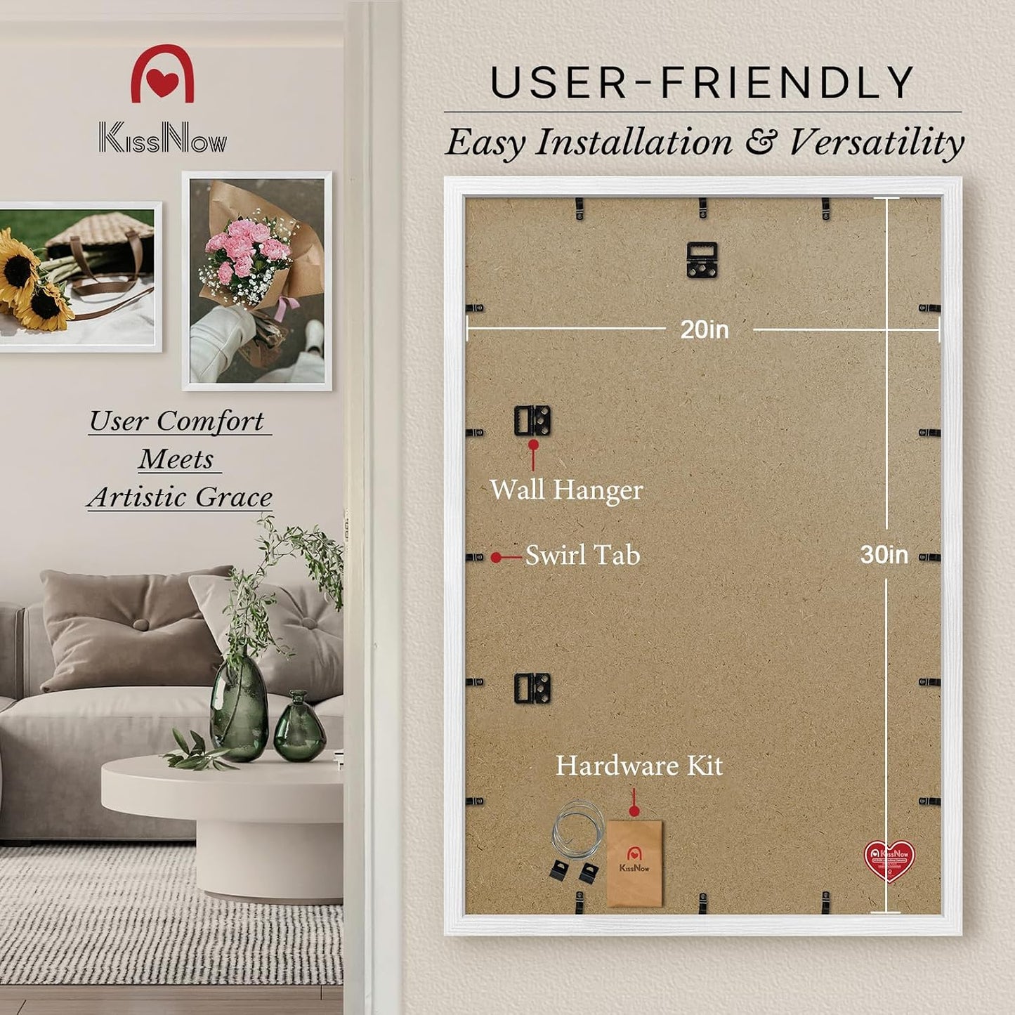 20x30 Poster Frame, White Solid Wood, 2 Pack, Wall Hanging for Art | Thick & Wide Border, HD Plexiglass, Horizontal or