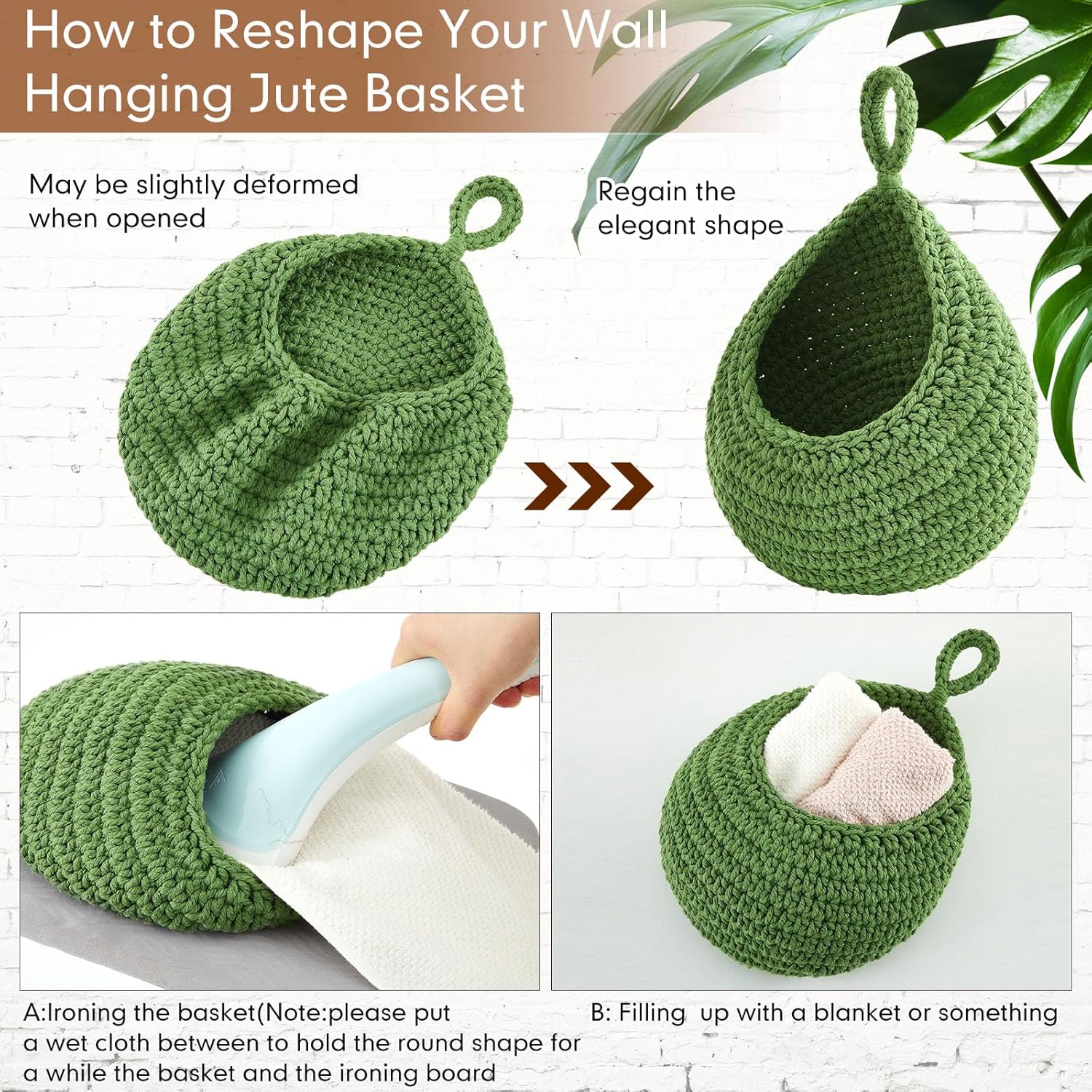 Boho Decor Hanging Wall Baskets / Sage Green, Light Green, White / Cotton Rope / Teardrop / Set of 3