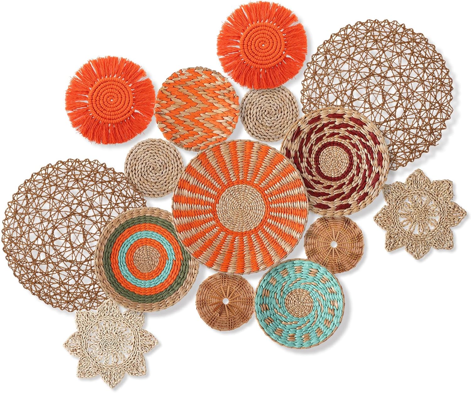 Boho Wall Basket Decor Woven Rattan Seagrass Wall Decor Hanging Rustic / Orange Style / Set of 15