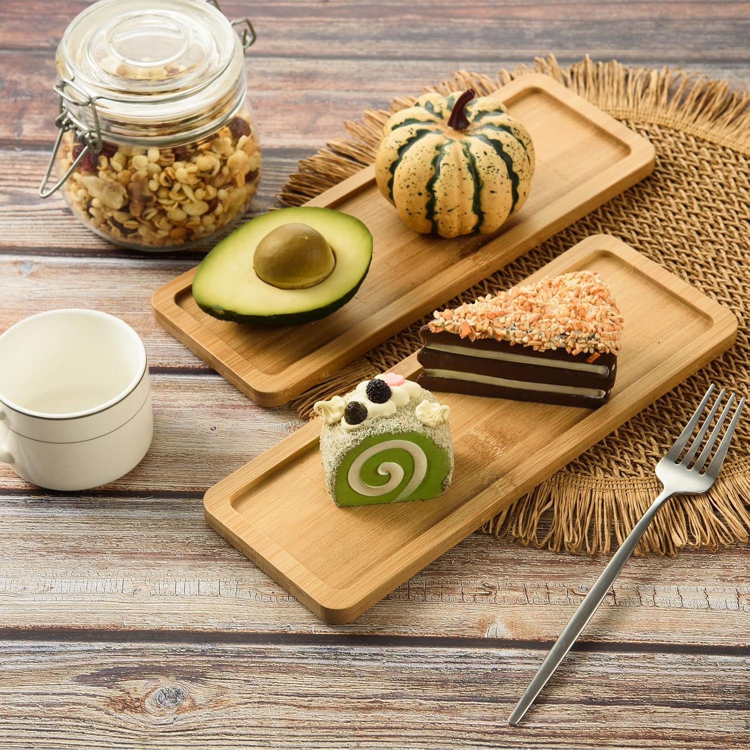Bamboo Serving Tray Rectangle Bamboo Wood Tea Serving Tray Rounded Edges Wooden Bathroom / Set of 4