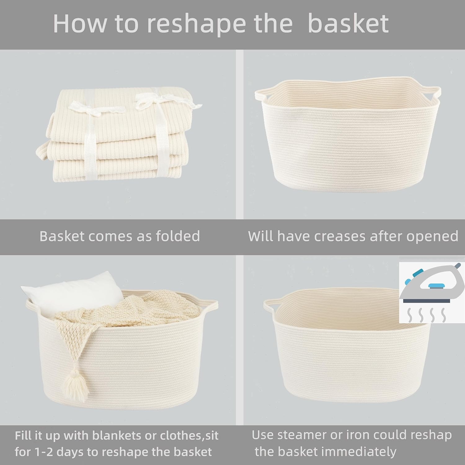 Large Rectangle Blankets Basket Living Room " Woven Cotton Rope Storage / White / 22 x 17 x 12