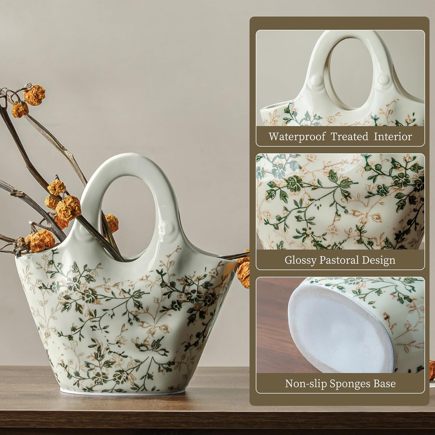Ceramic Flower Vase / 04-green and Beige