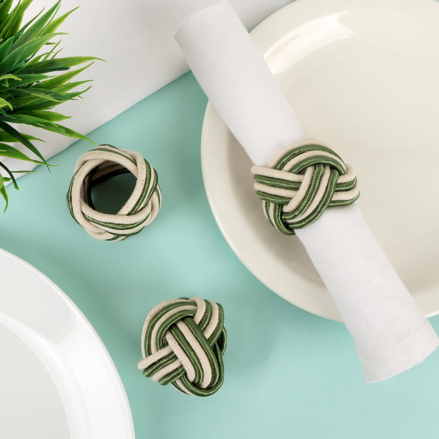 ALPHA Living HOME Modern Woven Napkin Rings Set of 12 - Green/White Polyester & Jute Table Decor for Weddings, Parties