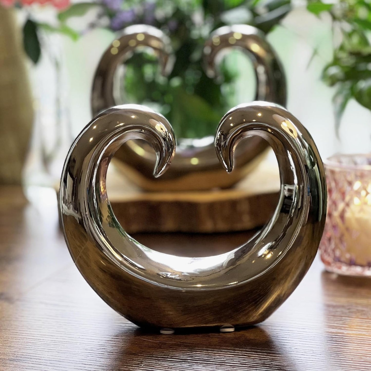 Titanium Glazed Ceramic / Curled Wave / Silver / Set of 2