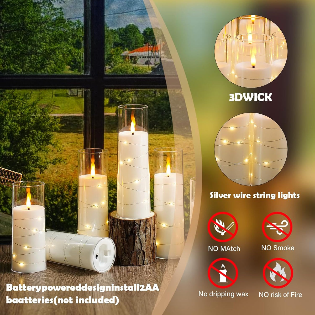 Flameless Candles,with Embedded Star String, Battery Operated Candles Flickering LED Pillar Candles with Remote Control