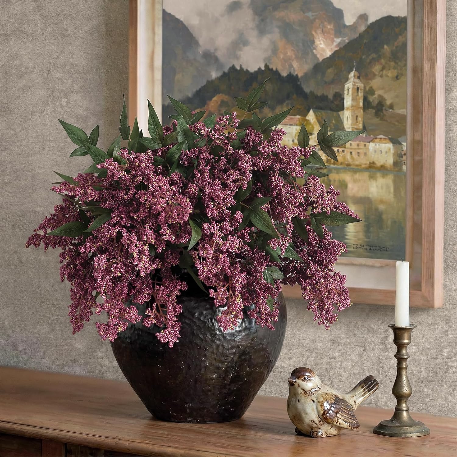 Artificial Nandina Berry Stem for Vase / Dusty Plum / Set of 6