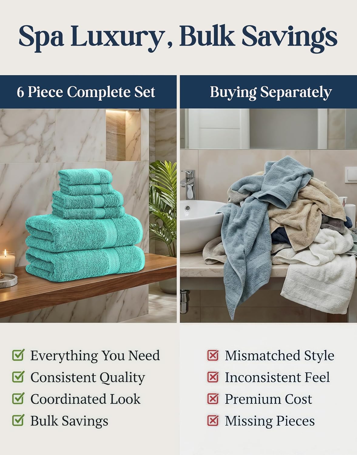 LANE LINEN Towel Set 6 Piece Soft Absorbent Quick Dry 100% Cotton - Teal | Towels And Washcloths - Terry Weave Comfort