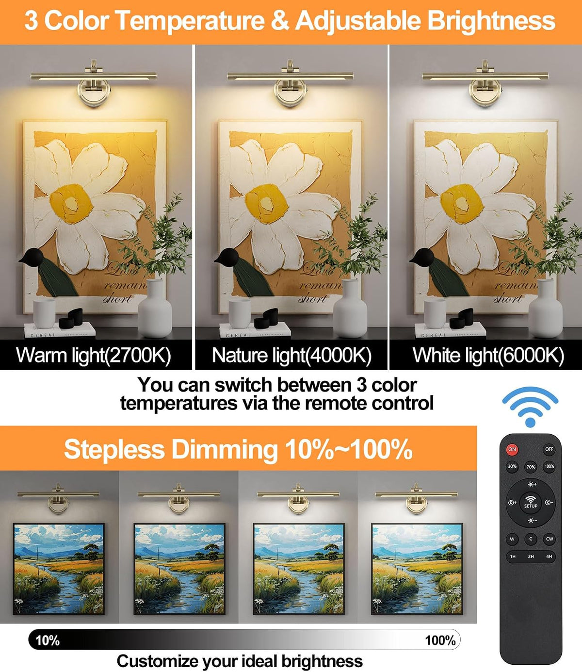 Tassuowell Picture Light for Wall, Battery Operated Art Light, Picture Frame Light with Remote & Timer, Cordless Wall
