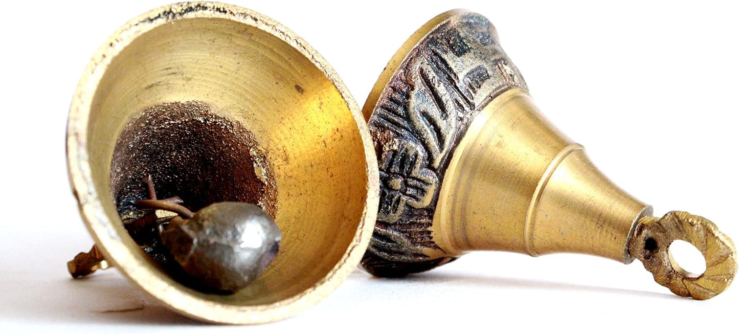 Solid Brass Pooja Bells with J Hook Home Decor Christmas Bell Wall Hanging Jingle Bell Ornaments New (24, Carving Bells