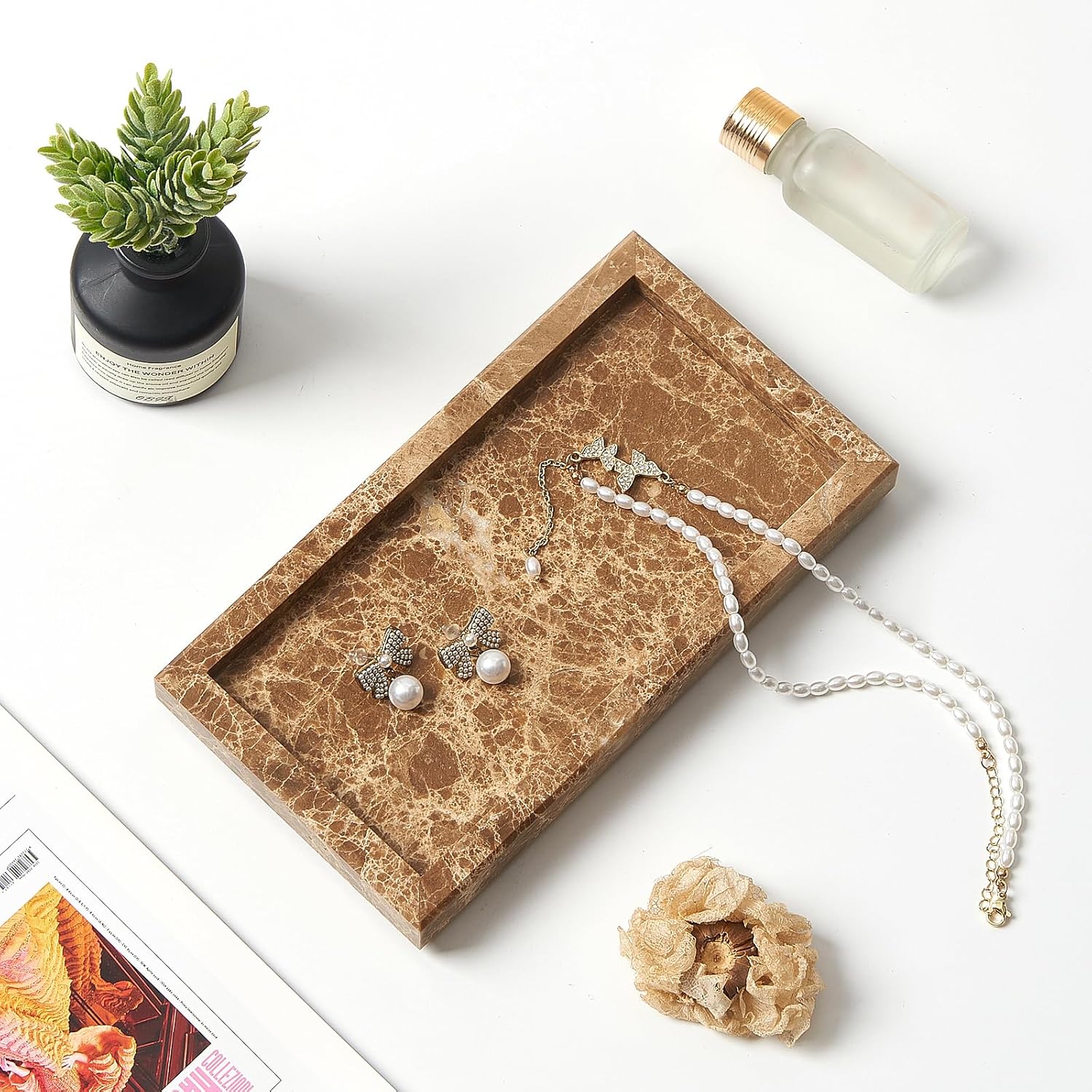 Stone Organizer / Natural Small Marble Vanity Tray / Brown Coffee / 7.9 x 4.3 x 0.8
