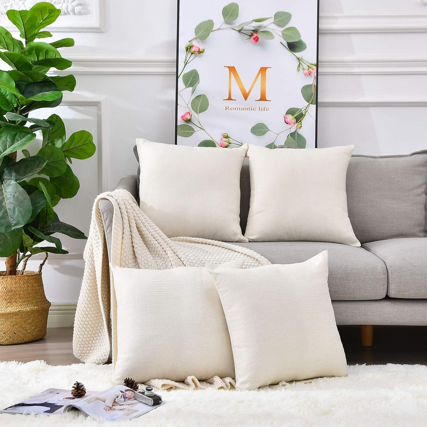 Pack 8 Linen Throw Pillow Covers Set Cushion Case / Beige / 18 x 18 / Set of 8