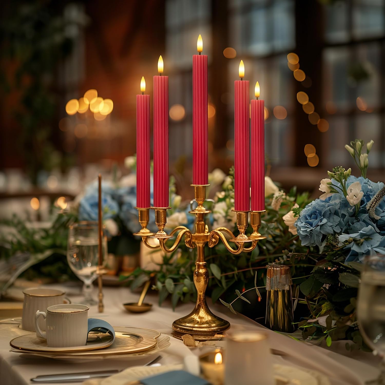 10" Fluted Ribbed LED Red Grooved Pillar Candles, Remote & 24h Timer Memory, On/Off Switch - Flameless Dimmable Battery
