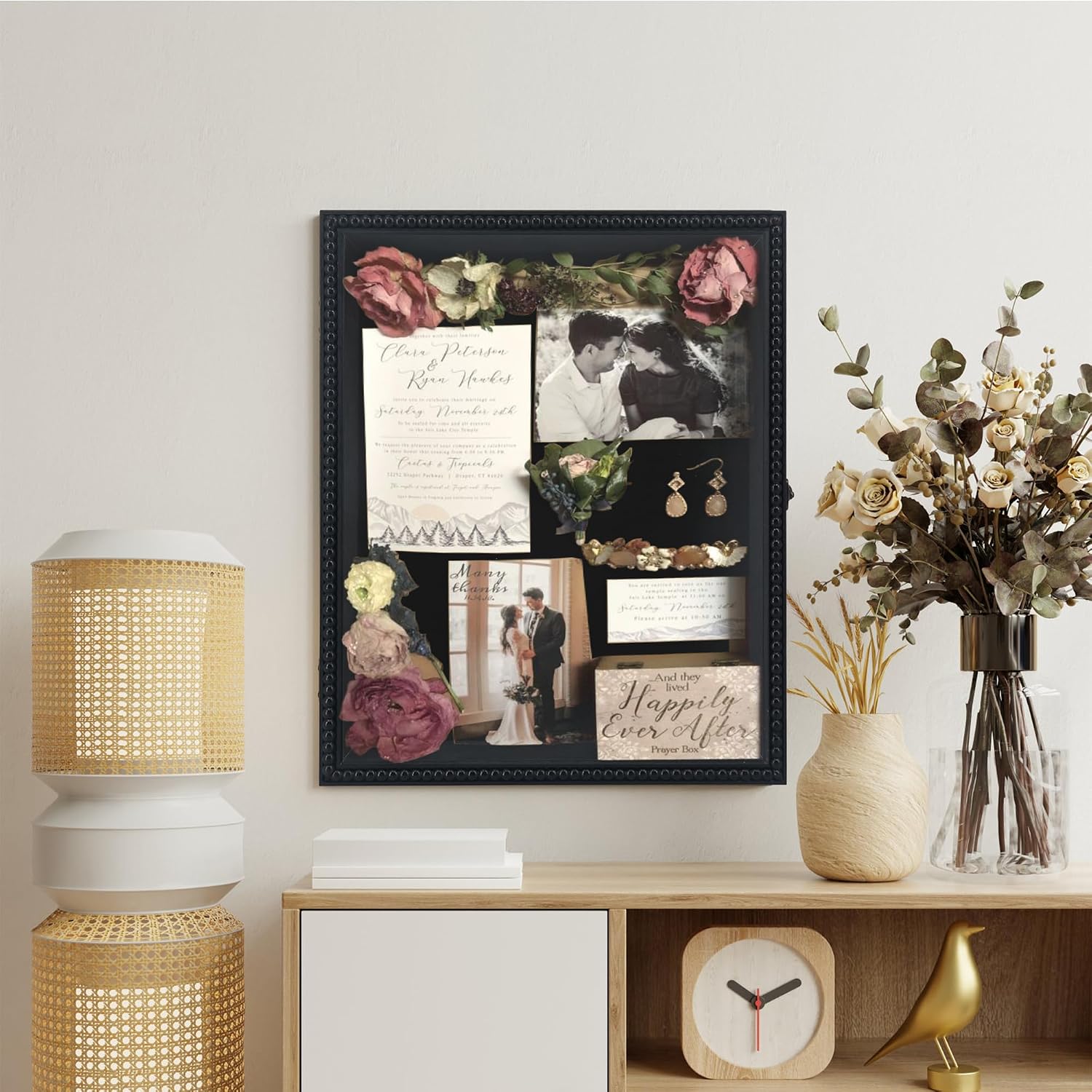 FramePro Large Shadow Box Black 13x16 Front Open with Hinge Beaded Designed Display Case with Linen Back, Graduation