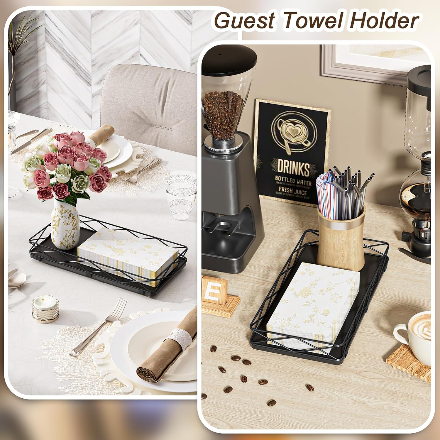 Wood and Metal Toilet Tray Vanity Organizer Bathroom Tray / Black