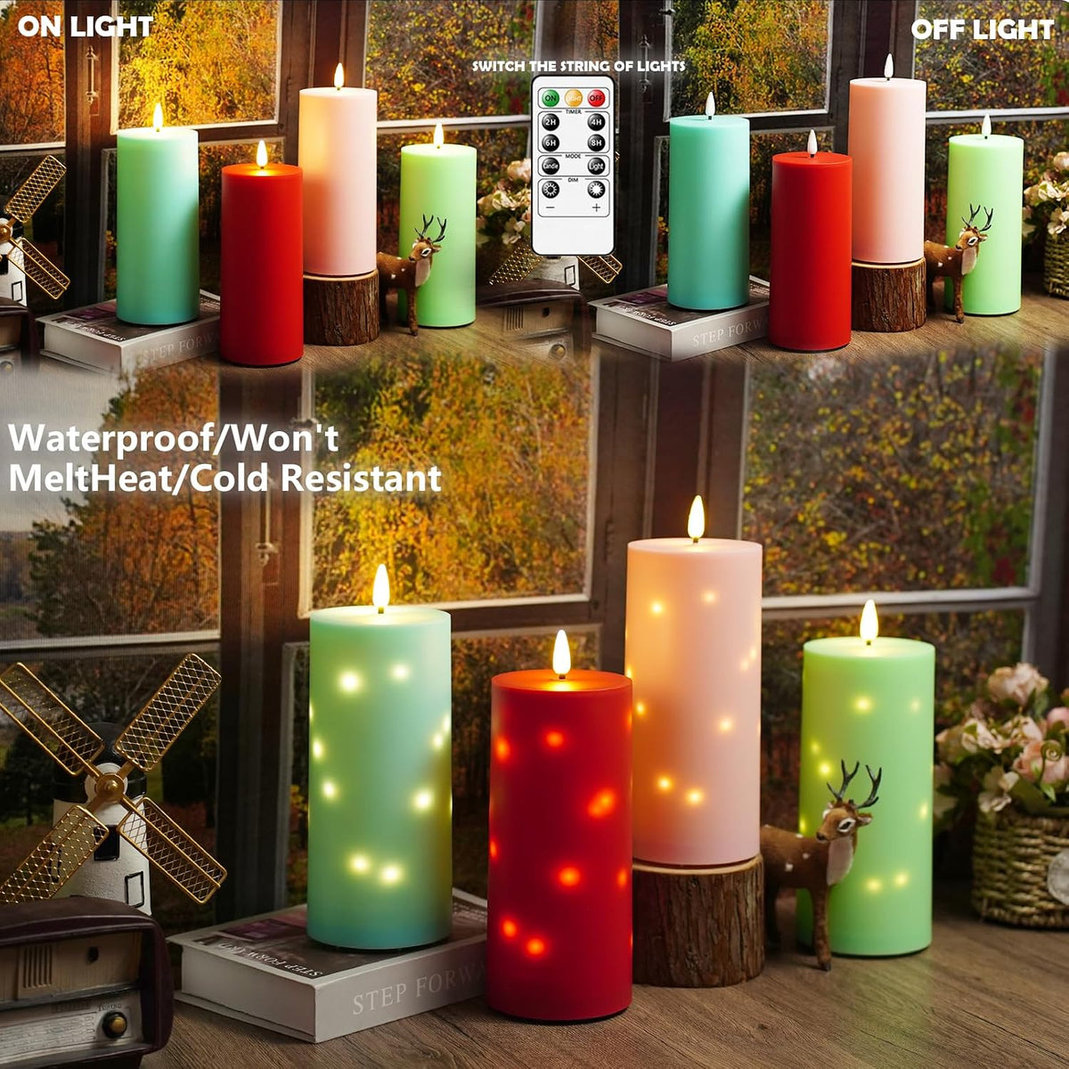kakoya 10" x 4" Large Outdoor Waterproof Flickering Flameless Candles with Timer,2Pcs Battery Operated LED Pillar