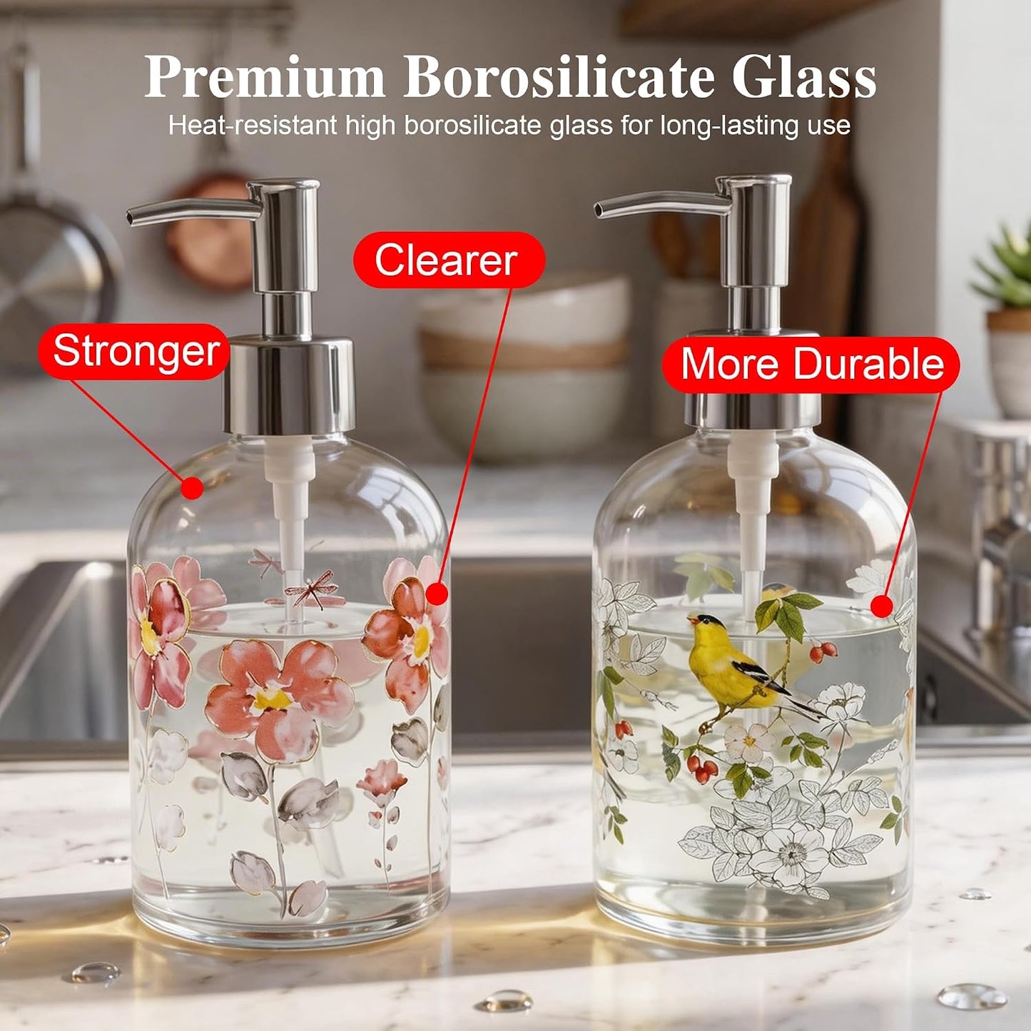 Topadorn 17oz Hand and Dish Soap Dispenser Set, Floral & Goldfinch | 2 Pack Glass Soap Dispensers with Pump, Refillable