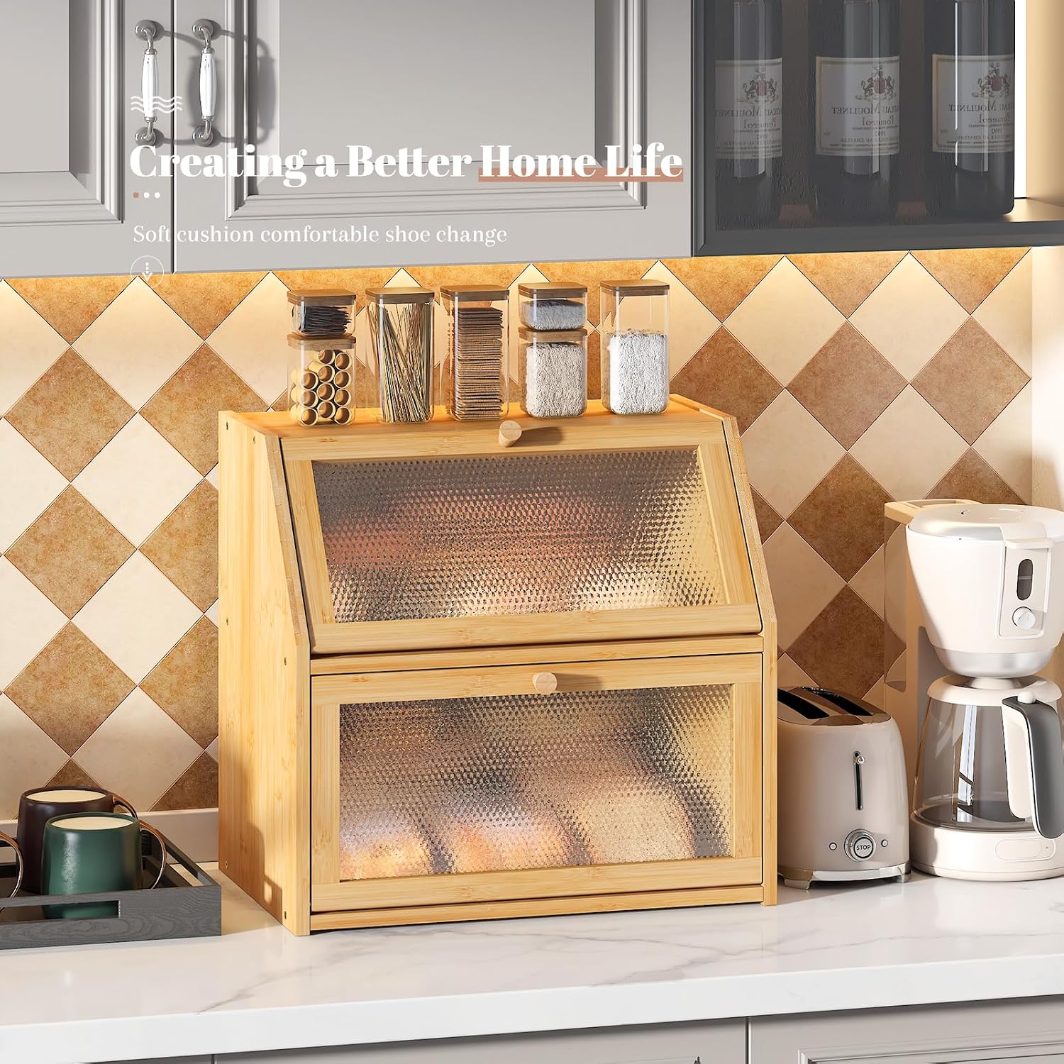 STDDRE Bread Box for Kitchen Countertop Bin Double Layer Bread Box Storage Container Extra Large Capacity with Diamond
