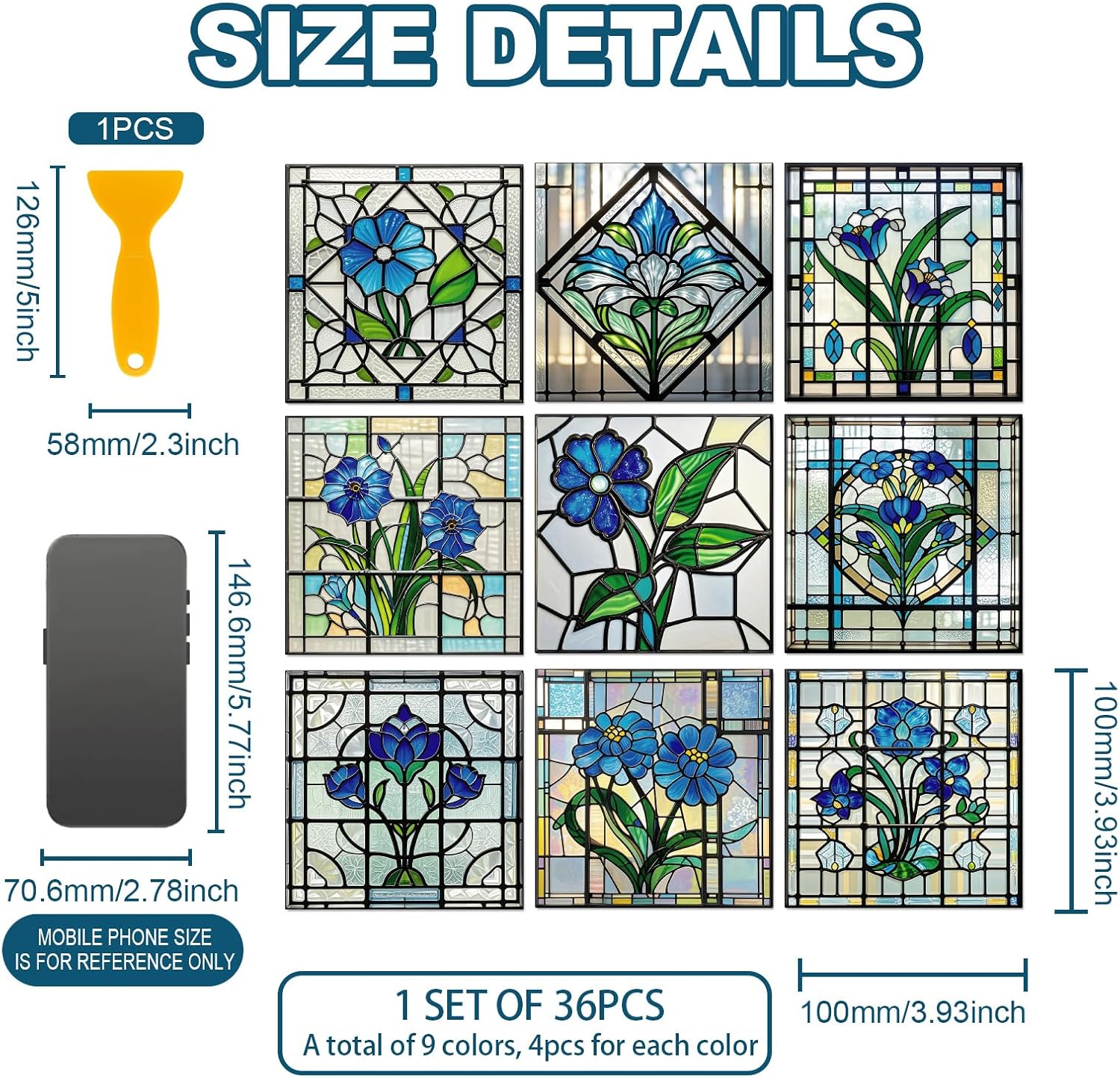 9 Style Wall Stickers Pattern Peel and Stick Wall Tile Sticker / Blue and White Flowers / Set of 36
