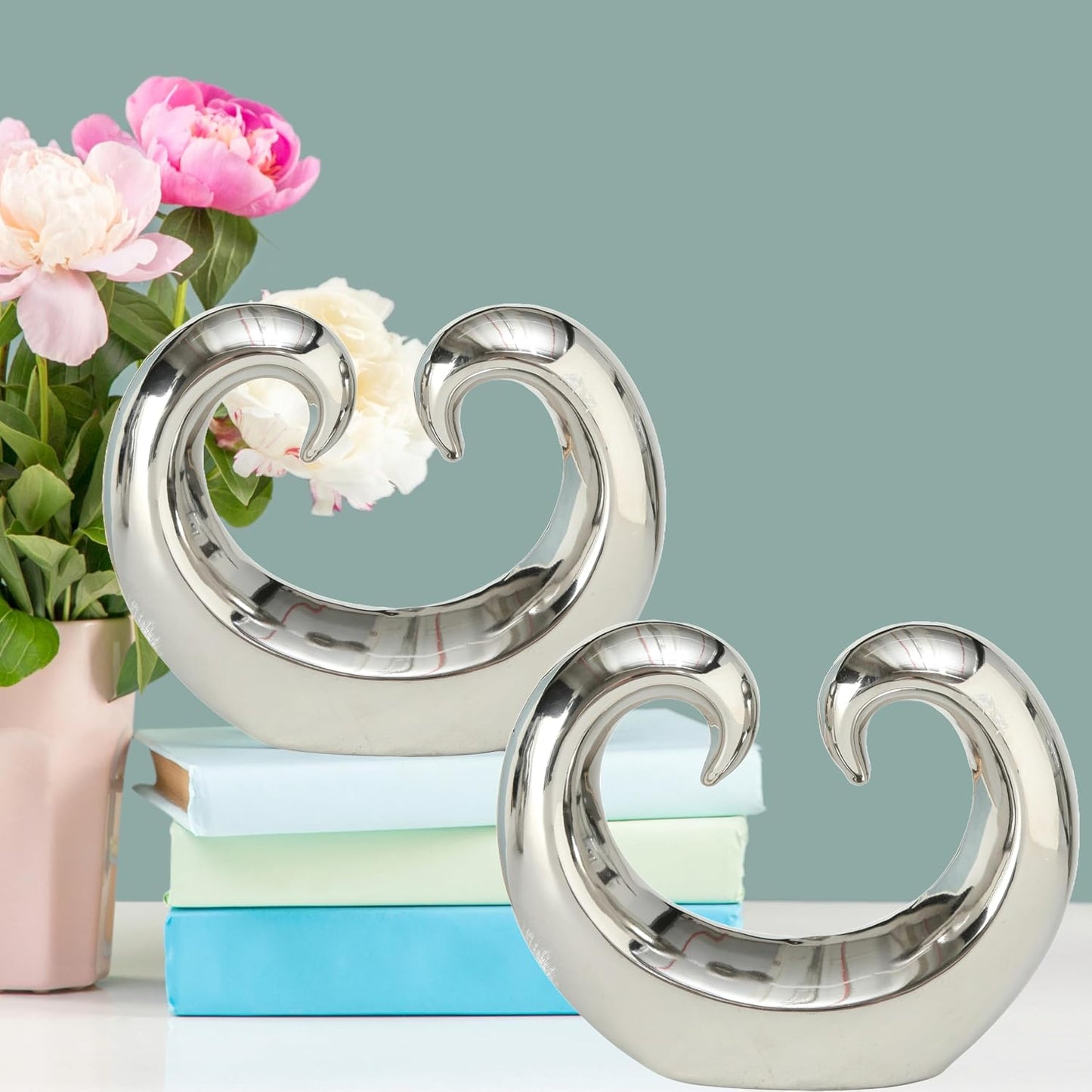 Titanium Glazed Ceramic / Curled Wave / Silver / Set of 2