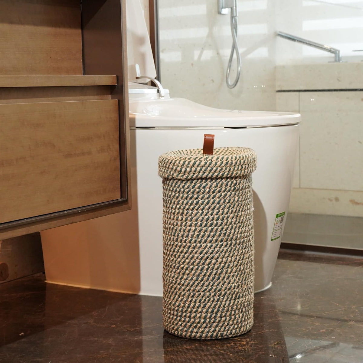 Handmade Cotton & Jute Toilet Paper Holder – Woven Toilet Paper Stand & Storage Basket with Lid, Freestanding Organizer