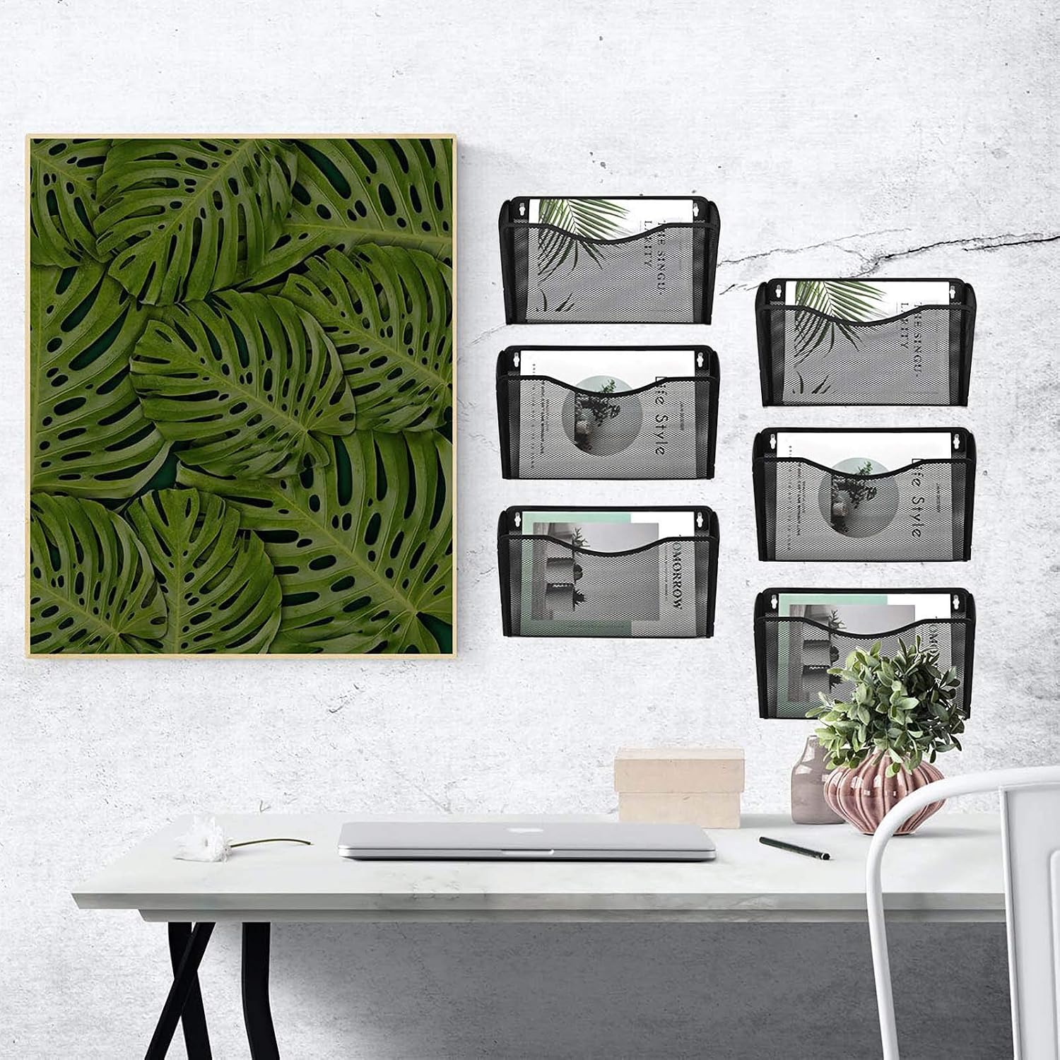 6 Single Pocket Mesh Hanging File Organizer, Vertical Wall Mounted Magazine File Holder, Mount Basket Mail Paper