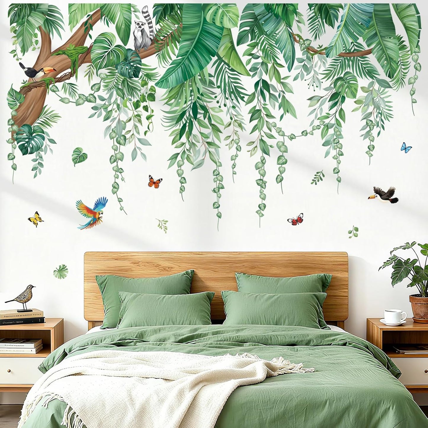 Large Tropical Leaves Wall Stickers Hanging Vines Palm Tree Peel and Stick Wall Art Decals / Green