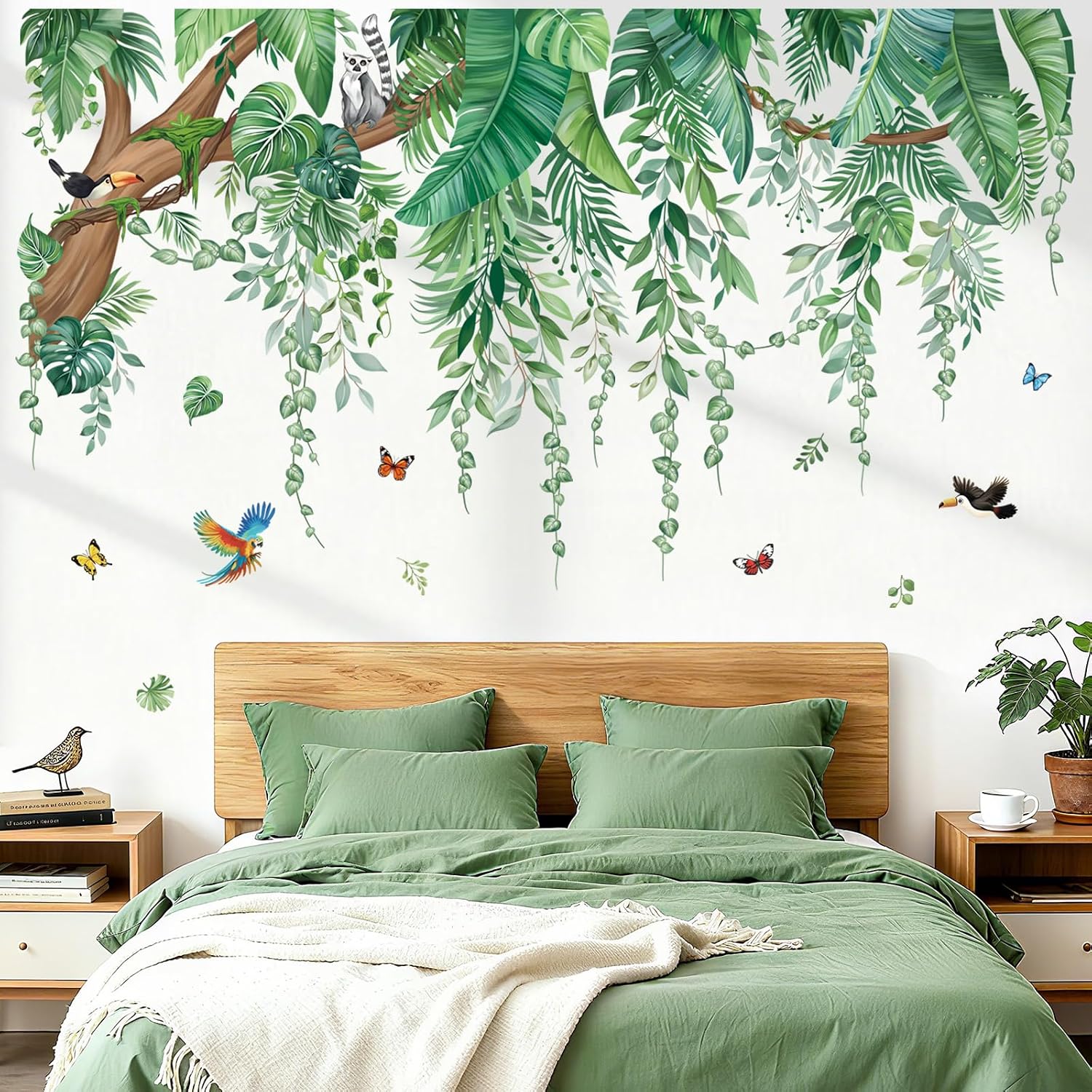 Large Tropical Leaves Wall Stickers Hanging Vines Palm Tree Peel and Stick Wall Art Decals / Green