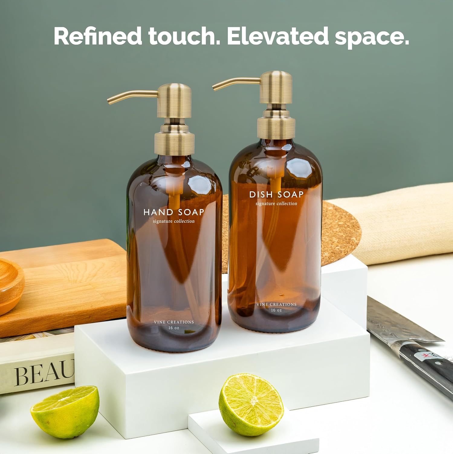 Vine Creations Amber Glass Soap Dispenser Set, Dish Soap and Hand Soap Dispenser Set with Stainless Steel Pump, 16 oz