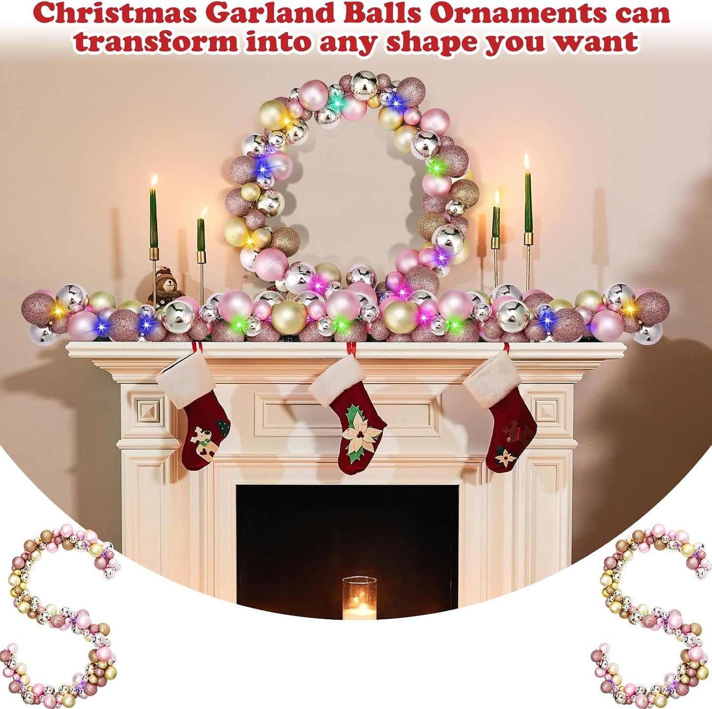 2 Pcs Christmas Balls Garland 6 ft Hanging Ornaments Xmas Balls Decorations with 2 Pcs 10 Feet LED Lights Indoor
