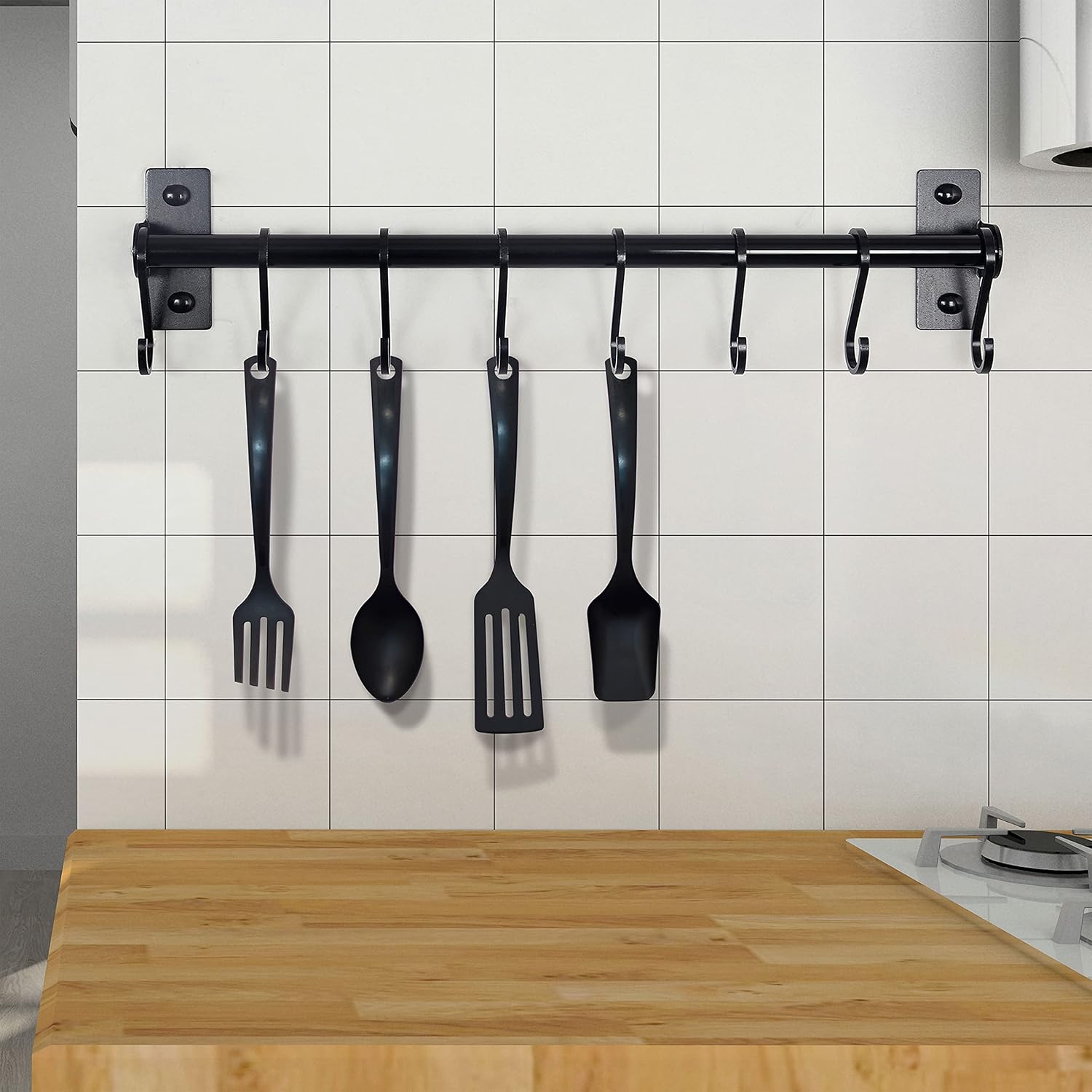 Kitchen Utensil Holder Hanger, Pot and Pan Rack Wall Mounted, Kitchen Rail with 8 Hooks for Hanging Cooking Utensils