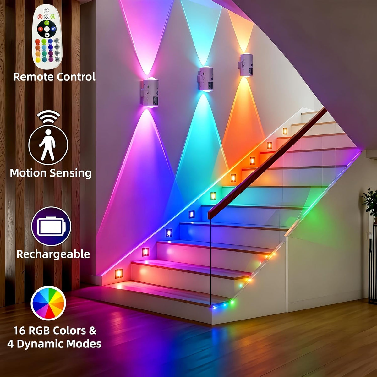 4 Pack RGB Dynamic Gradient Step Lights, Rechargeable Motion Sensor LED Wall Lamp with Remote, 1200mAh Dimmable