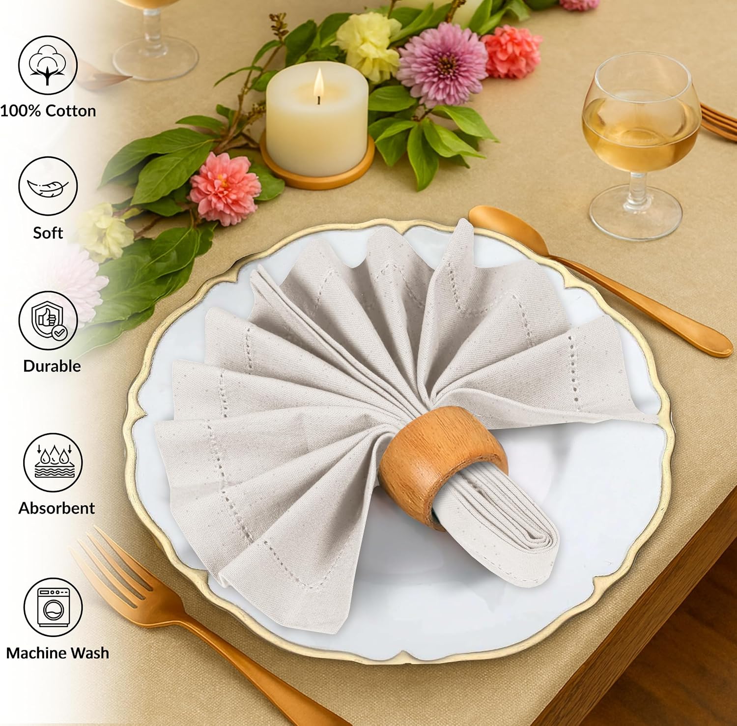 Ruvanti Cloth Napkins 12 Pack, 100% Cotton High GSM 18" x18”– Natural Color | Hem Stitch Washable, Soft, High Absorbent