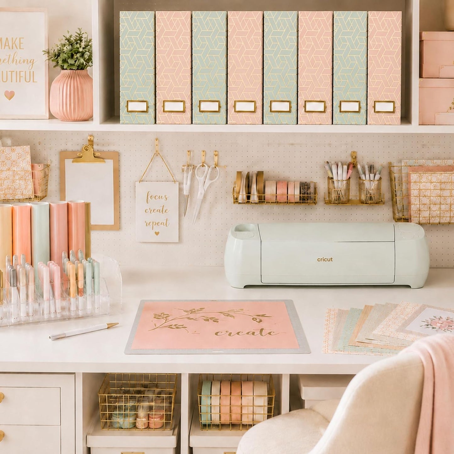 BLU MONACO | Set of 4 Foldable Pink & Aqua Magazine File Holders with Gold Geometric Patterns | Vertical File Organizer