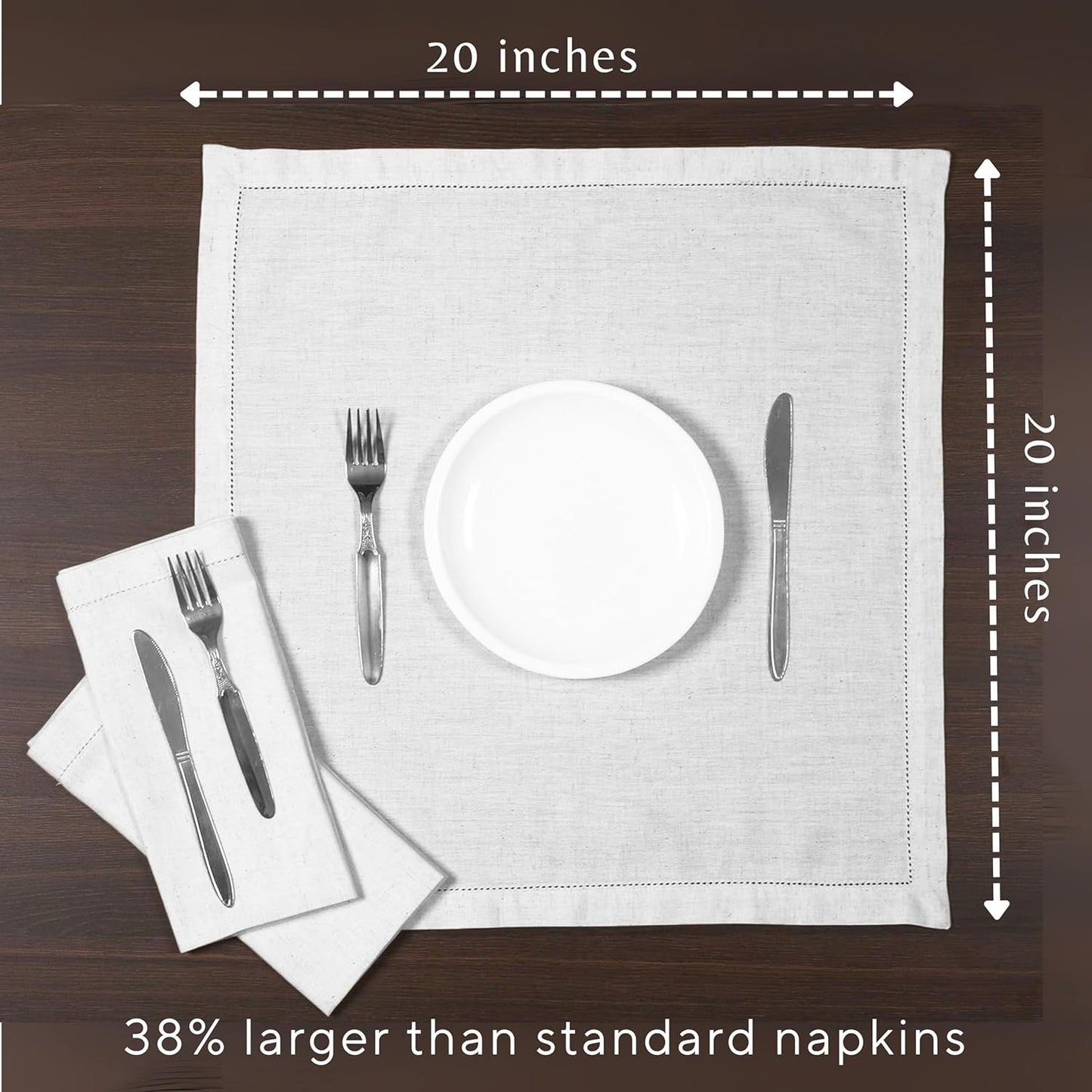 Ramanta Home Flax Linen Cloth Napkins Set of 12 20x20 Inches - White | Hemstitched Cotton Linen Blend Dinner Napkin