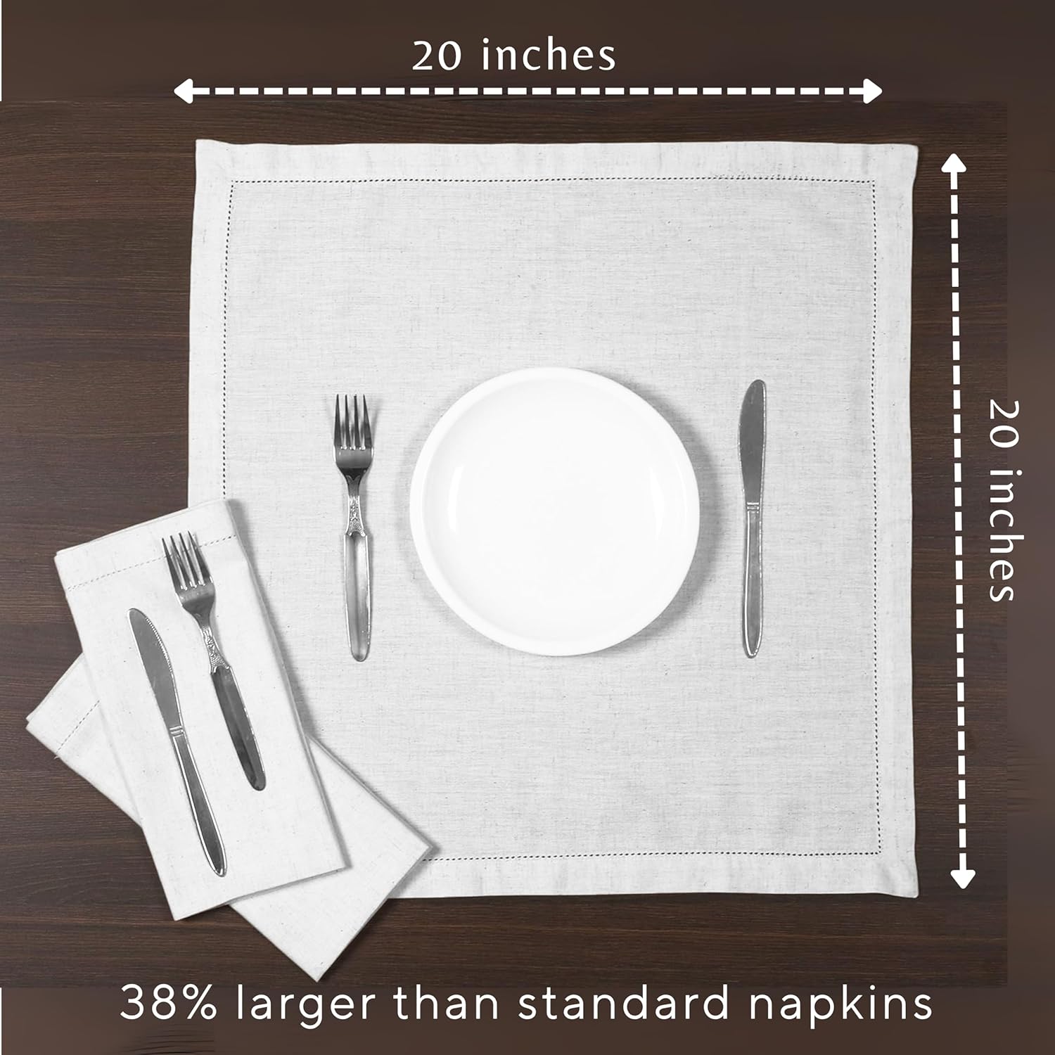 Ramanta Home Flax Linen Cloth Napkins Set of 12 20x20 Inches - White | Hemstitched Cotton Linen Blend Dinner Napkin