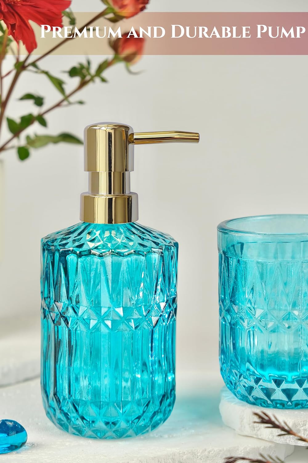 LaMarriti Teal Blue Bathroom Accessories Set, 5Pcs Glass Bathroom Set | Bathroom Soap Dispenser and Toothbrush Holder