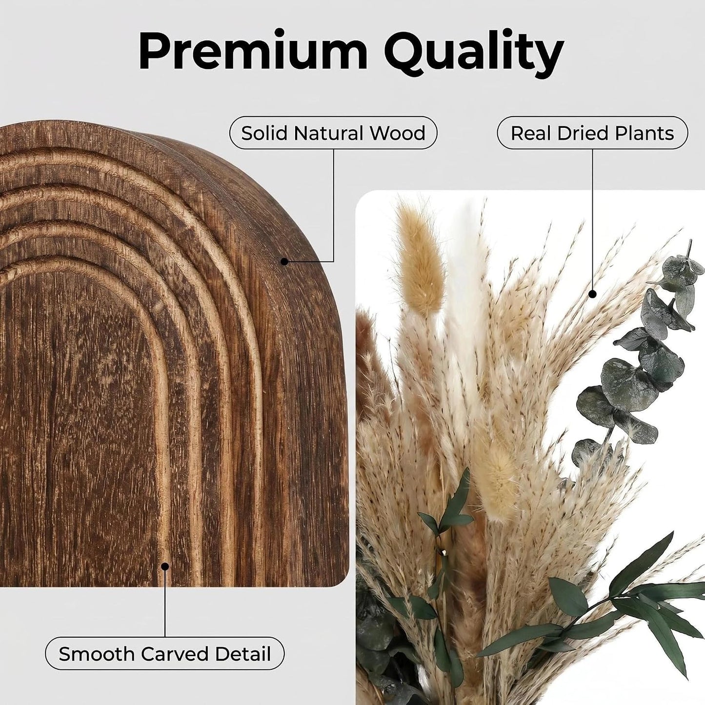 Wooden Wall Vases / Darkbrown+dried Flowers / 2 PC / Set of 2