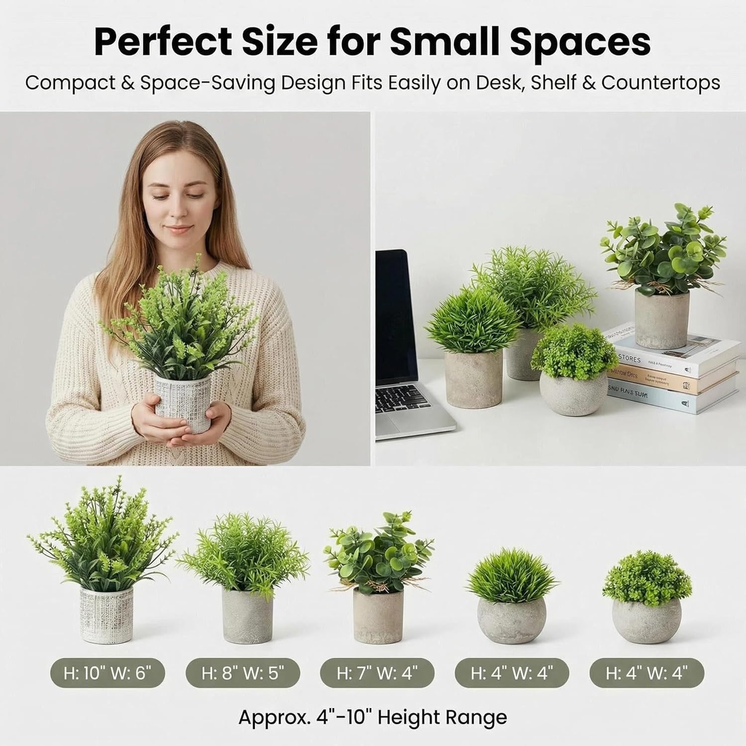 Small Artificial Potted Plants for Desk Decor / Eucalyptus & Grass Mix Set
