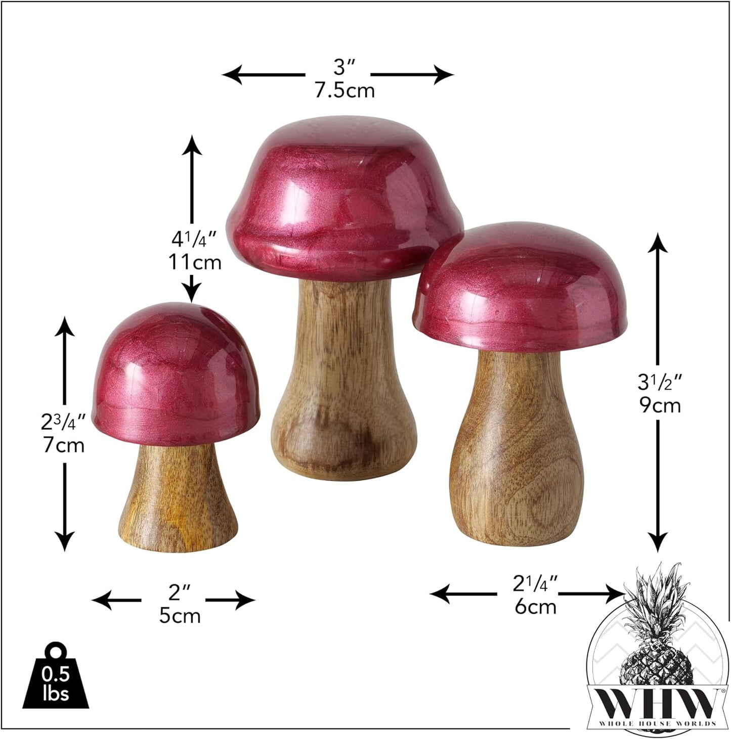 Decorative Figurines / Red Top Mushrooms / Red Metallic Effect, 4.25, 3.5 and 2.75 Inches / Set of 3