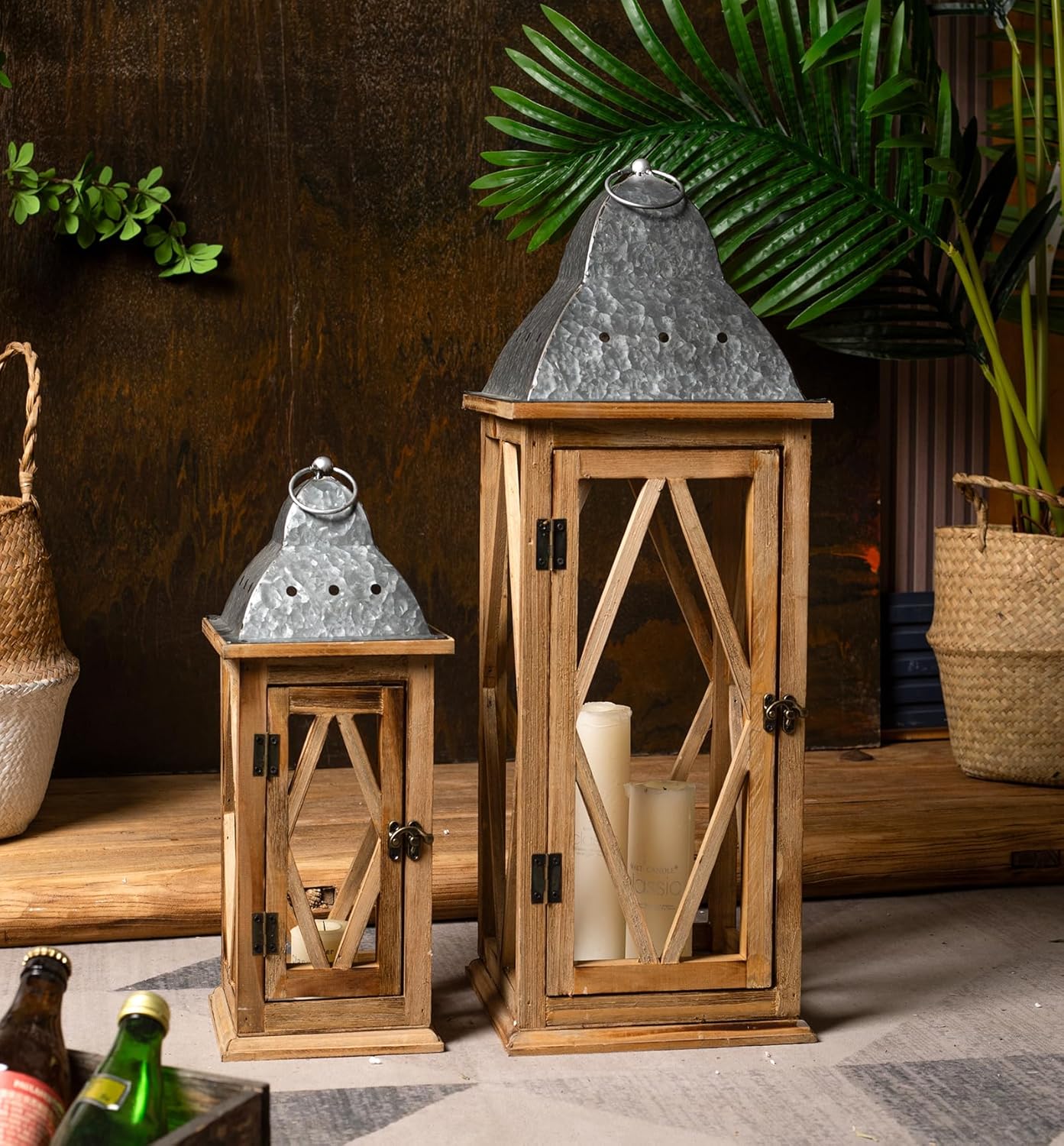 Large Farmhouse Wooden Metal Lantern Set of 2, Rustic Decorative Floor Candle Lanterns, Indoor/Outdoor Hanging Lanterns
