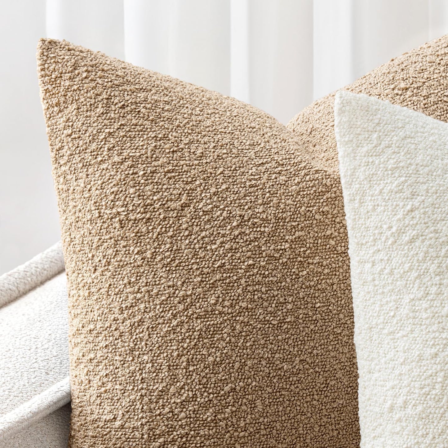 Decorative Boucle Throw Pillow Covers Textured Square Pillowcaes Accent / 18 x 18 / Khaki / Set of 2