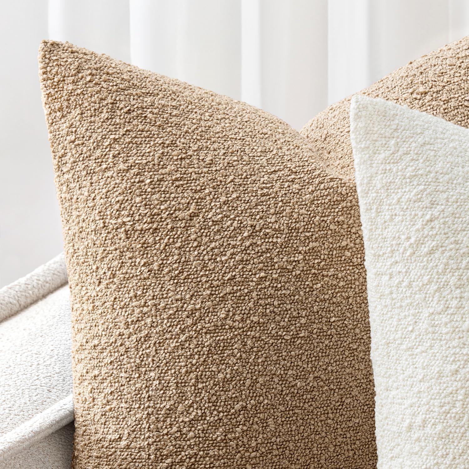 Decorative Boucle Throw Pillow Covers Textured Square Pillowcaes Accent / 18 x 18 / Khaki / Set of 2