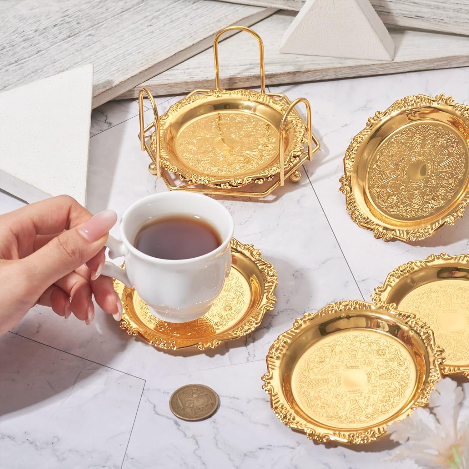 Holder Vintage Coasters Round Coasters Metal Cup Mats / Gold-lace / Set of 6